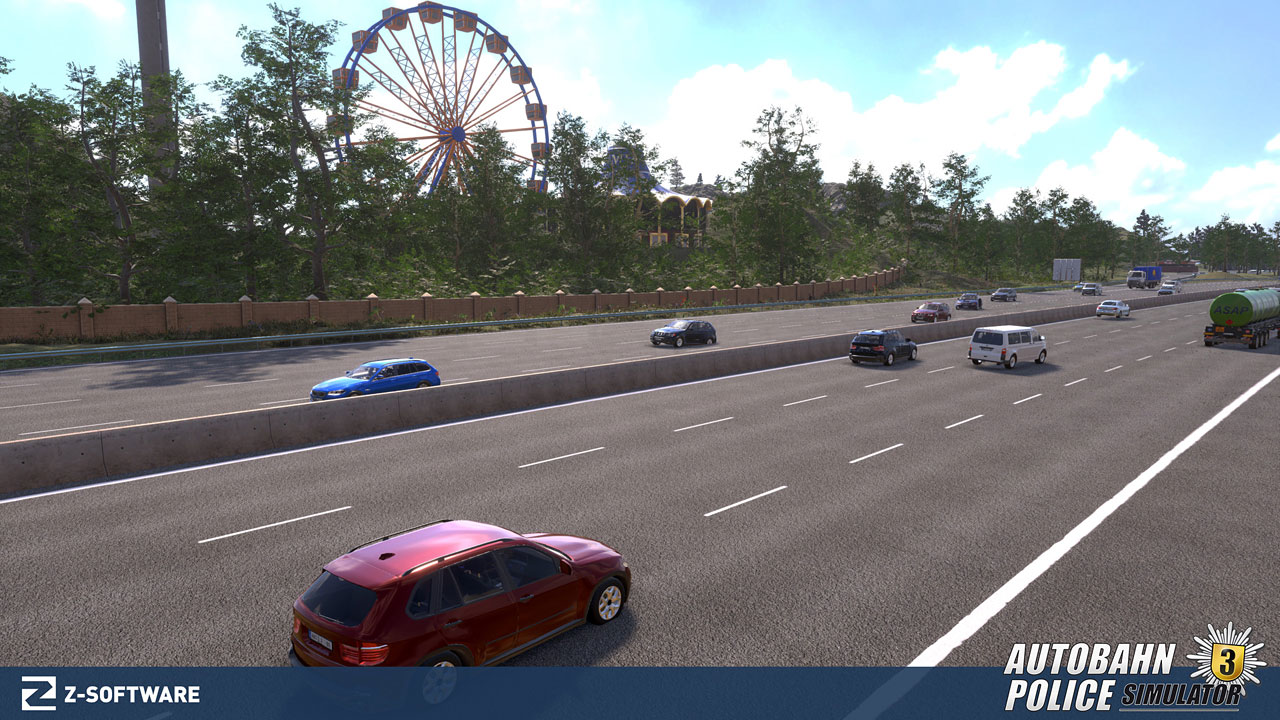 Autoroute avec voitures, grande roue et ciel bleu, titre du jeu en bas.