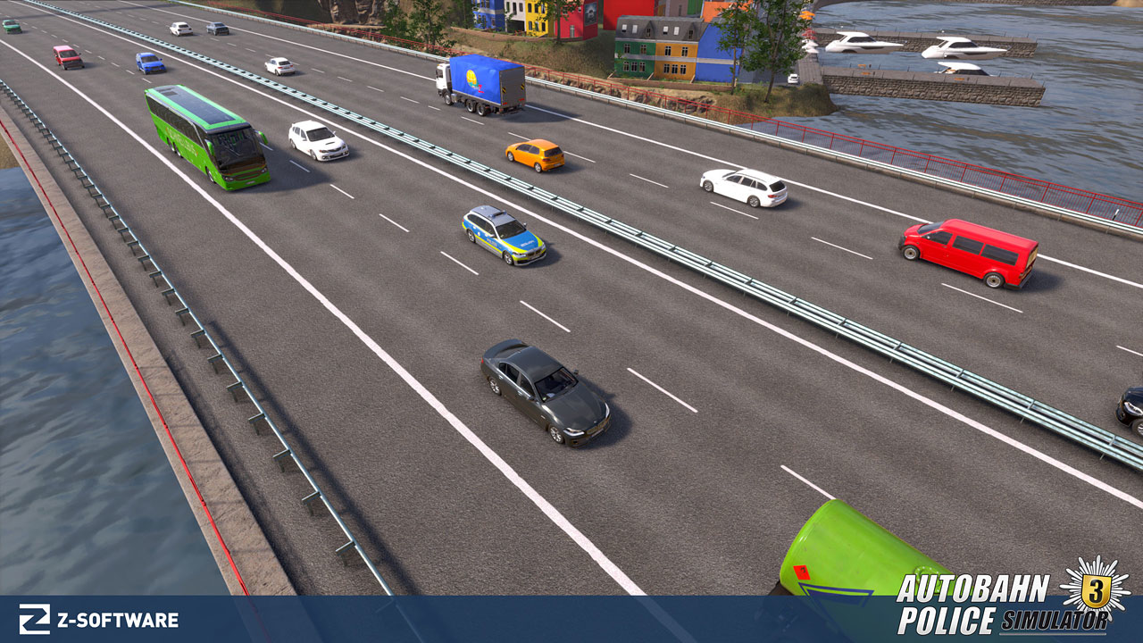 Scène d'autoroute avec voitures, camions et un bus. Le logo du jeu est en bas à droite.