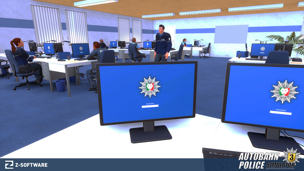 Un environnement de bureau avec des personnes travaillant sur des bureaux. Les écrans d'ordinateur affichent un écran de verrouillage bleu avec un logo.