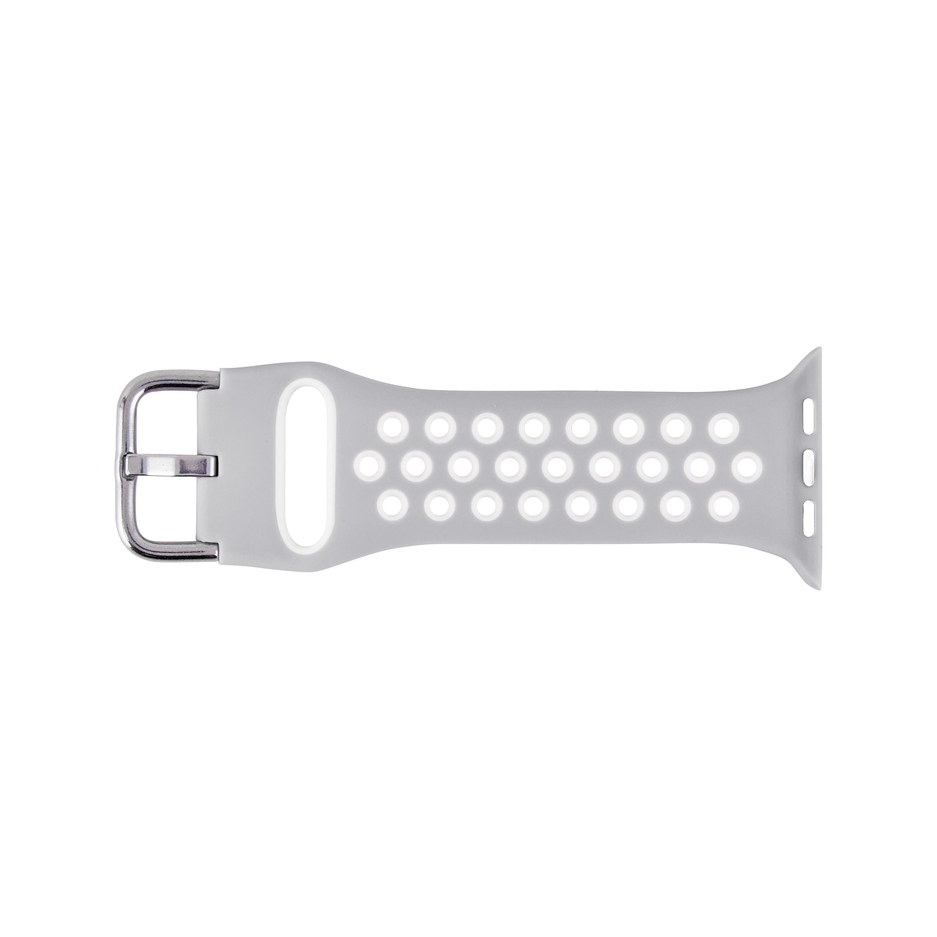 Graues Apple Watch Armband mit vielen kleinen Löchern und einer Silberschnalle.