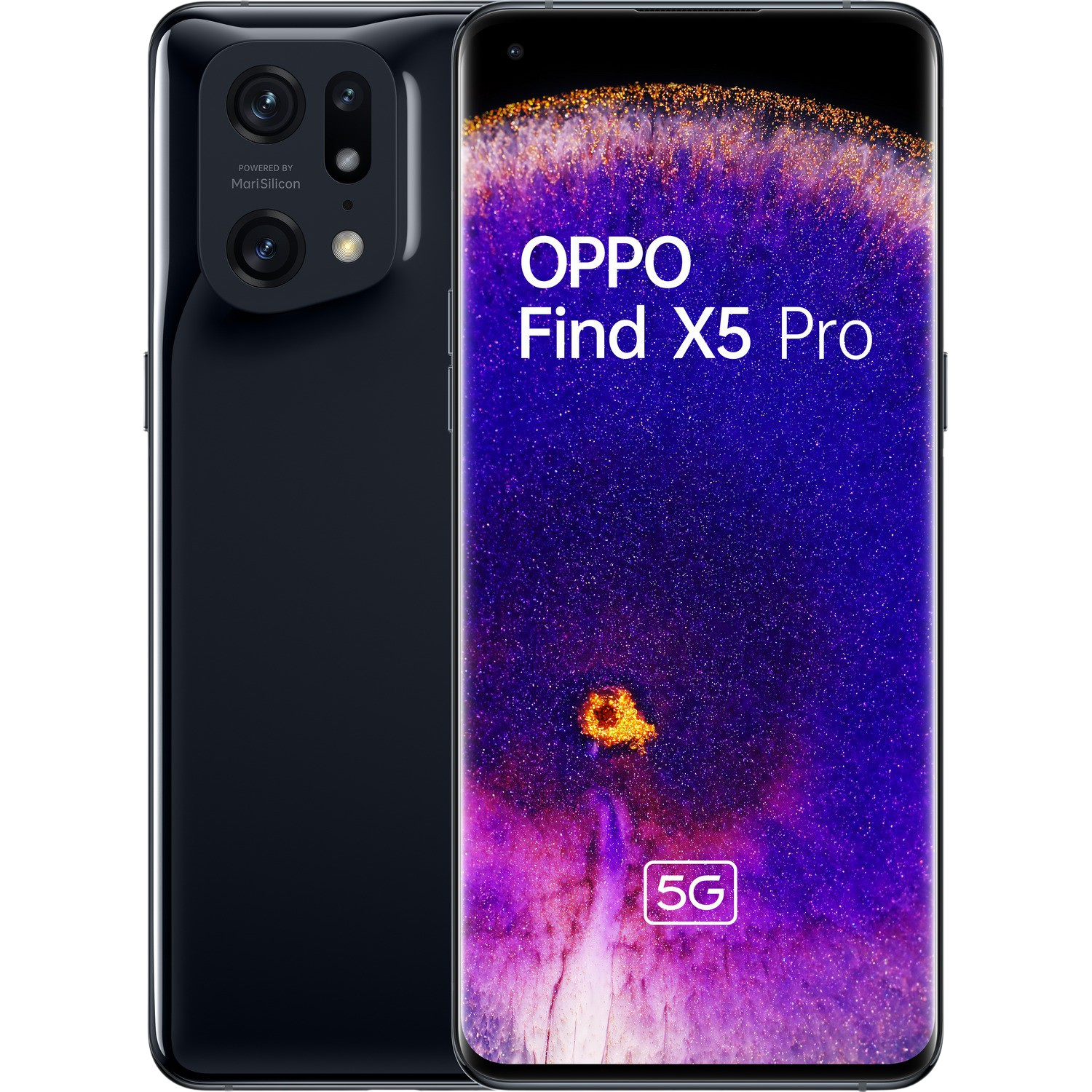 Teléfono OPPO Find X5 Pro, color negro, dos cámaras traseras, pantalla con diseño púrpura.