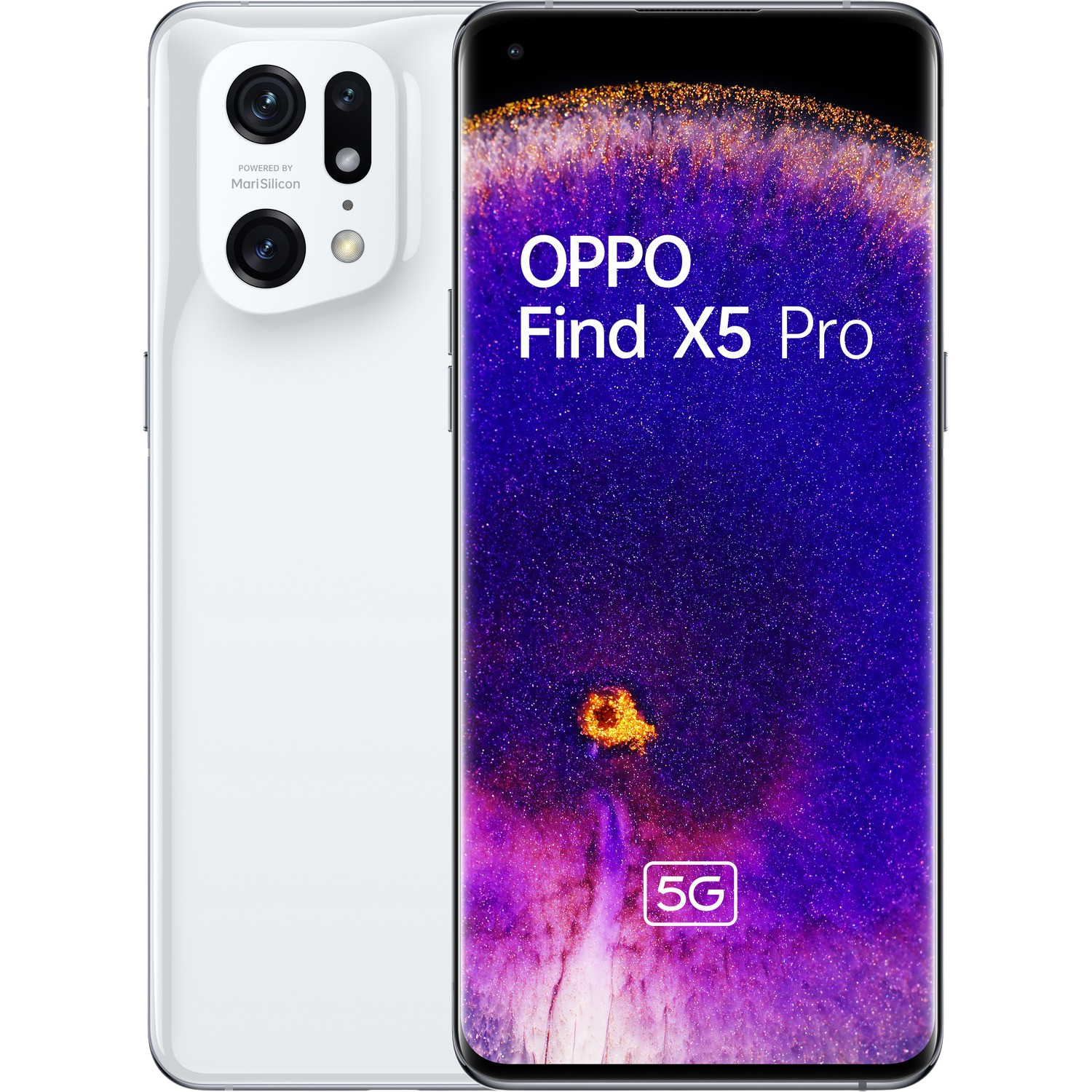 Smartphone OPPO Find X5 Pro blanco, mostrando la parte trasera y la pantalla frontal con colores morados y blancos.