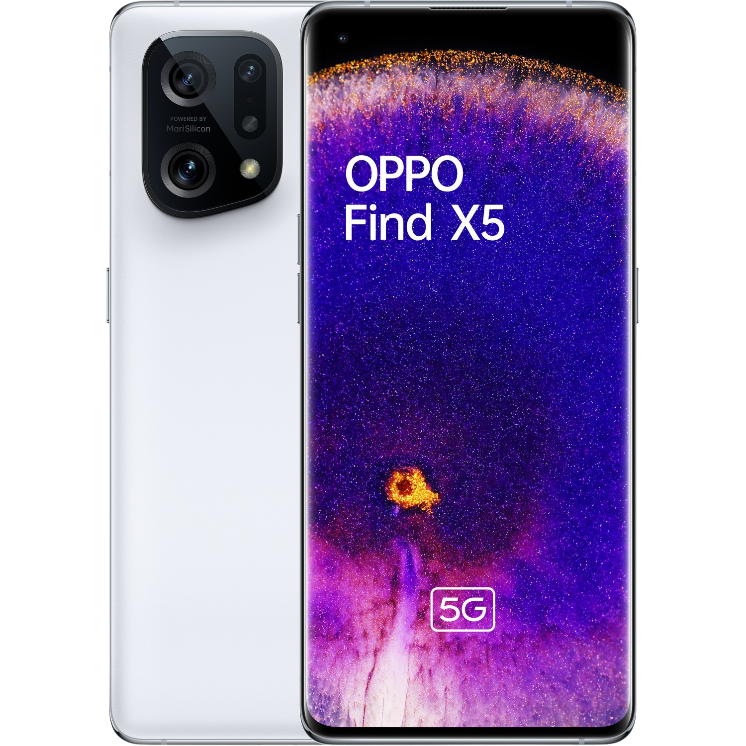Teléfono Oppo Find X5 blanco, mostrando sus pantallas trasera y delantera. La parte delantera tiene una pantalla morada.