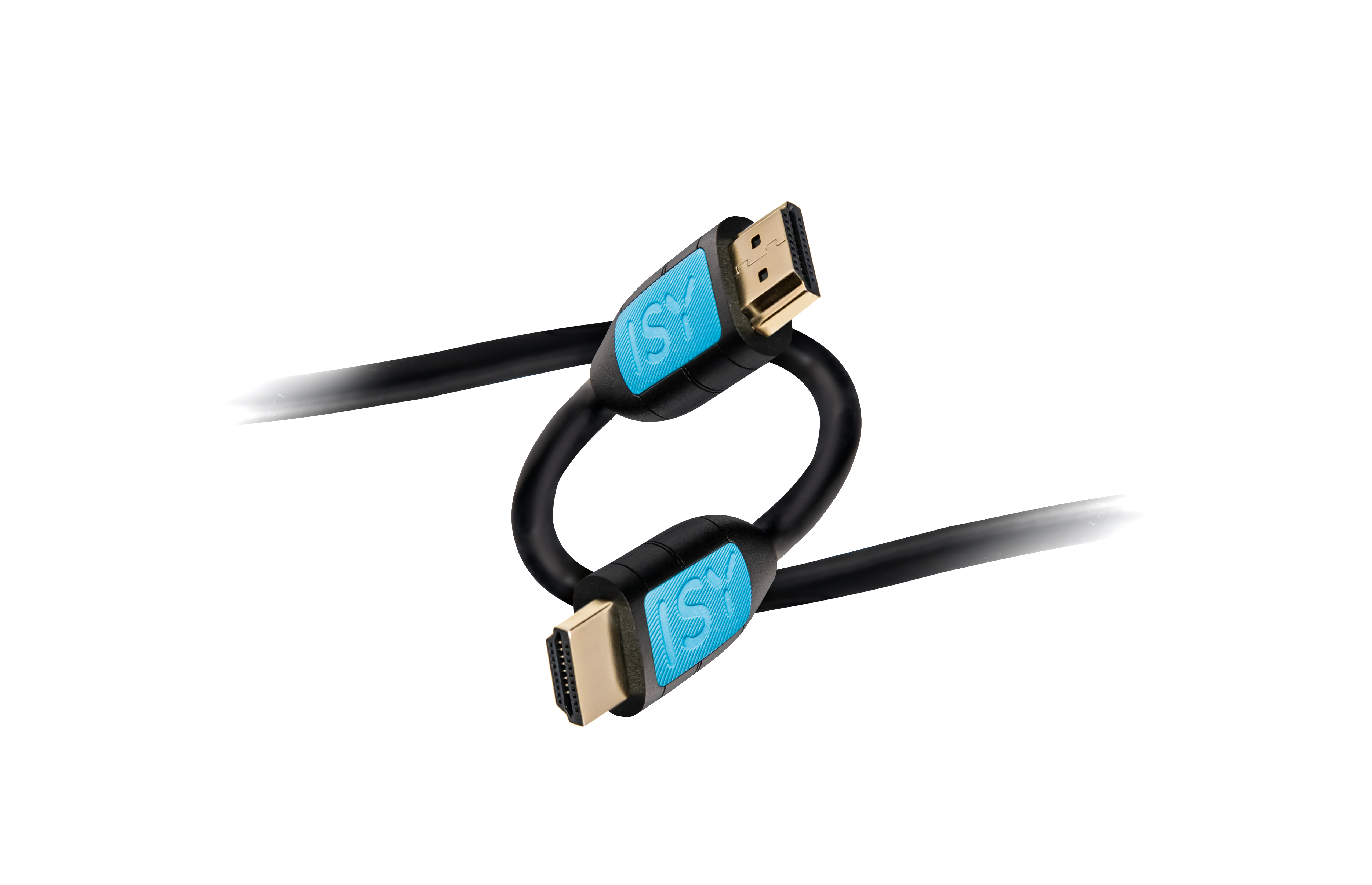 Schwarzes HDMI-Kabel mit zwei Anschlüssen, blaue Details, weißer Hintergrund.