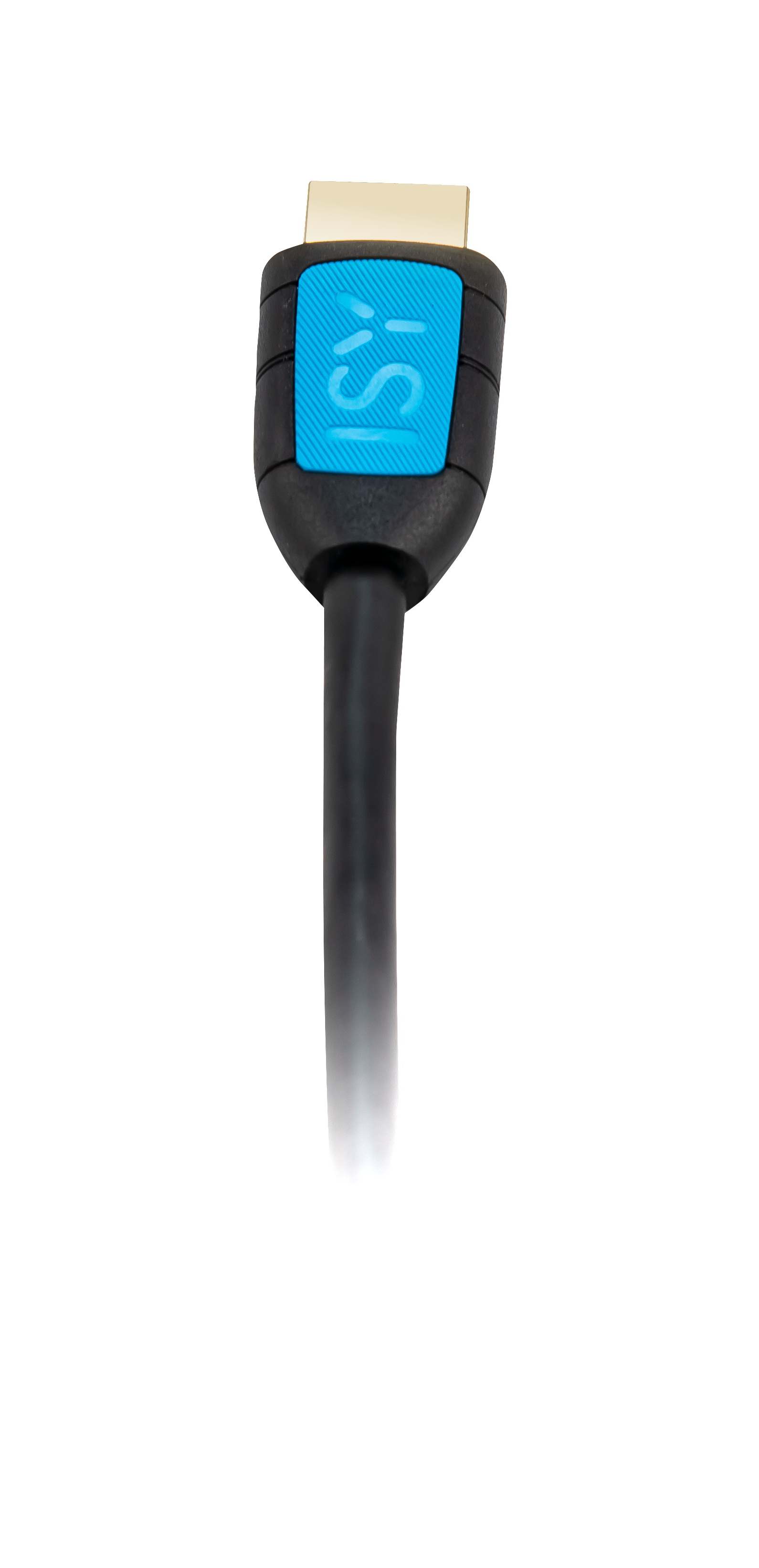 Schwarzes und blaues HDMI-Kabel mit blauem ISi-Logo auf weißem Hintergrund.