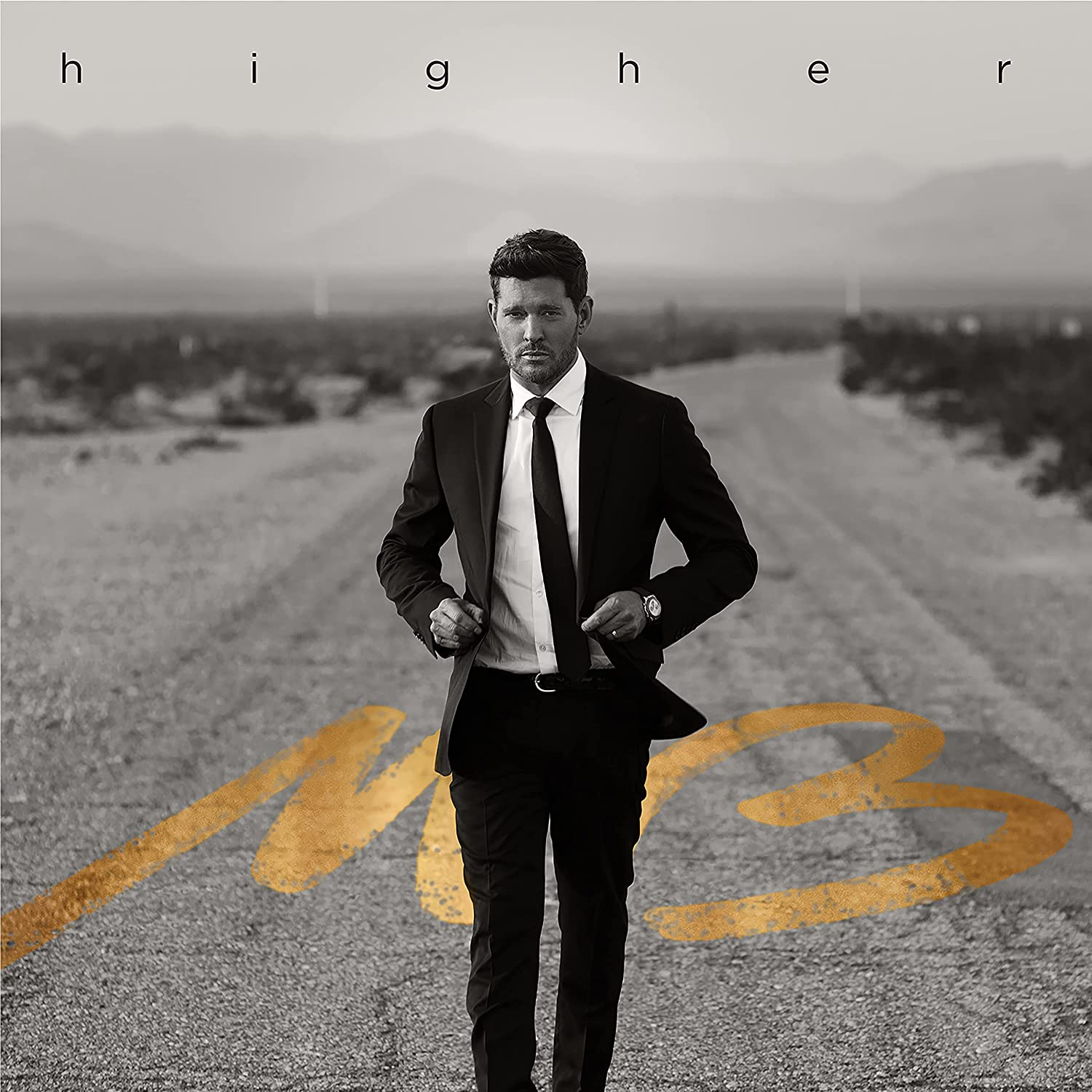 Album borító: Michael Bublé az úton, a 'higher' felirattal, arany betűkkel.