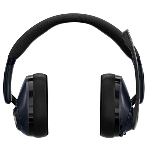 Een zwarte headset met een microfoon. Het heeft een gewatteerde hoofdband en oorschelpen.