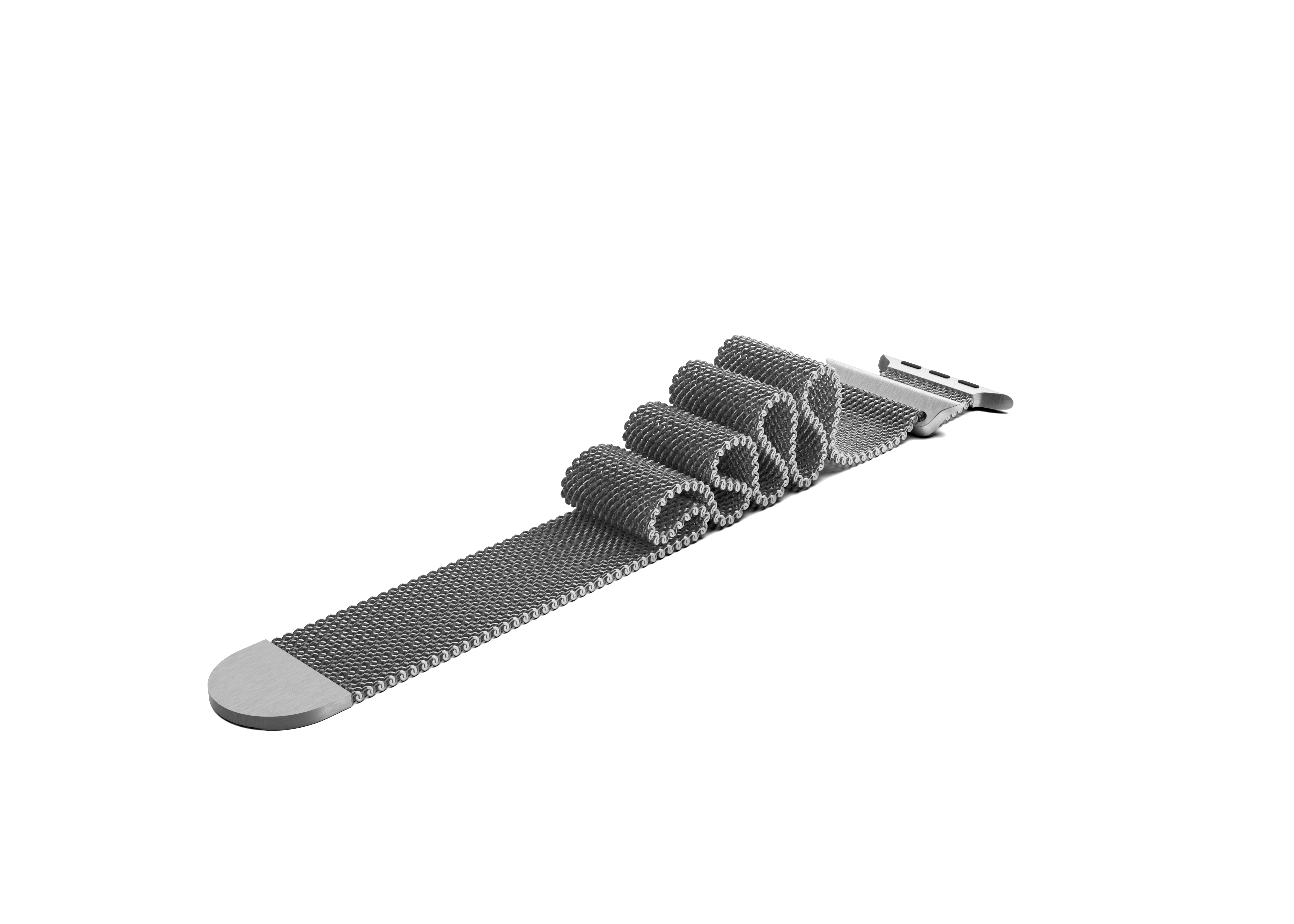 Ein silbernes Uhrenarmband ist auf weißem Hintergrund gekräuselt, mit dem Verschluss am Ende.