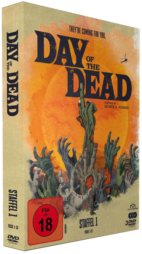 DVD-Hülle mit Zombiehänden, orangefarbenem Hintergrund und dem Titel "Day of the Dead".