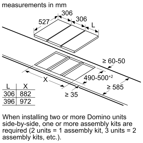 Diagramm mit Messungen eines Kochfelds. Verschiedene Linien und Abmessungen. Weißer Hintergrund.
