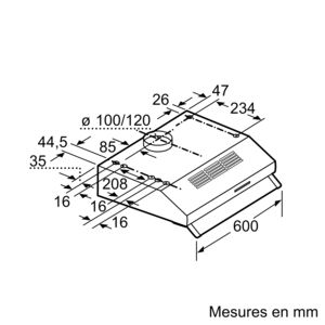 A diagram showing the dimensions of a Bosch range hood.