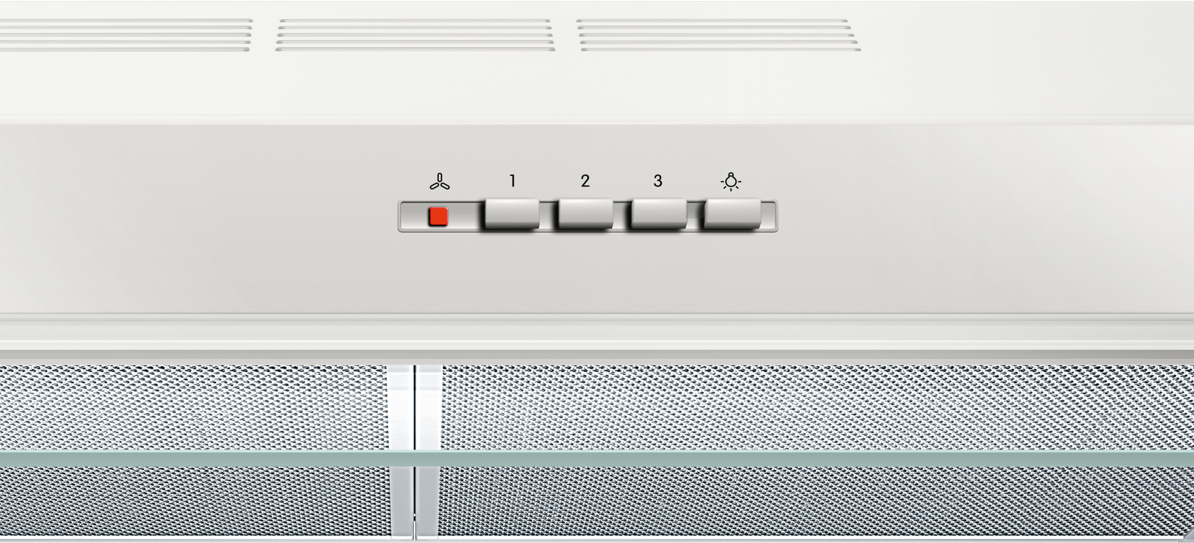 Range hood with fan speed and light control buttons.