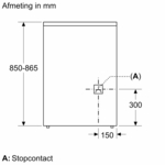 Diagram showing dimensions in mm for a fridge. Text 'A: Stopcontact' and dimensions displayed.