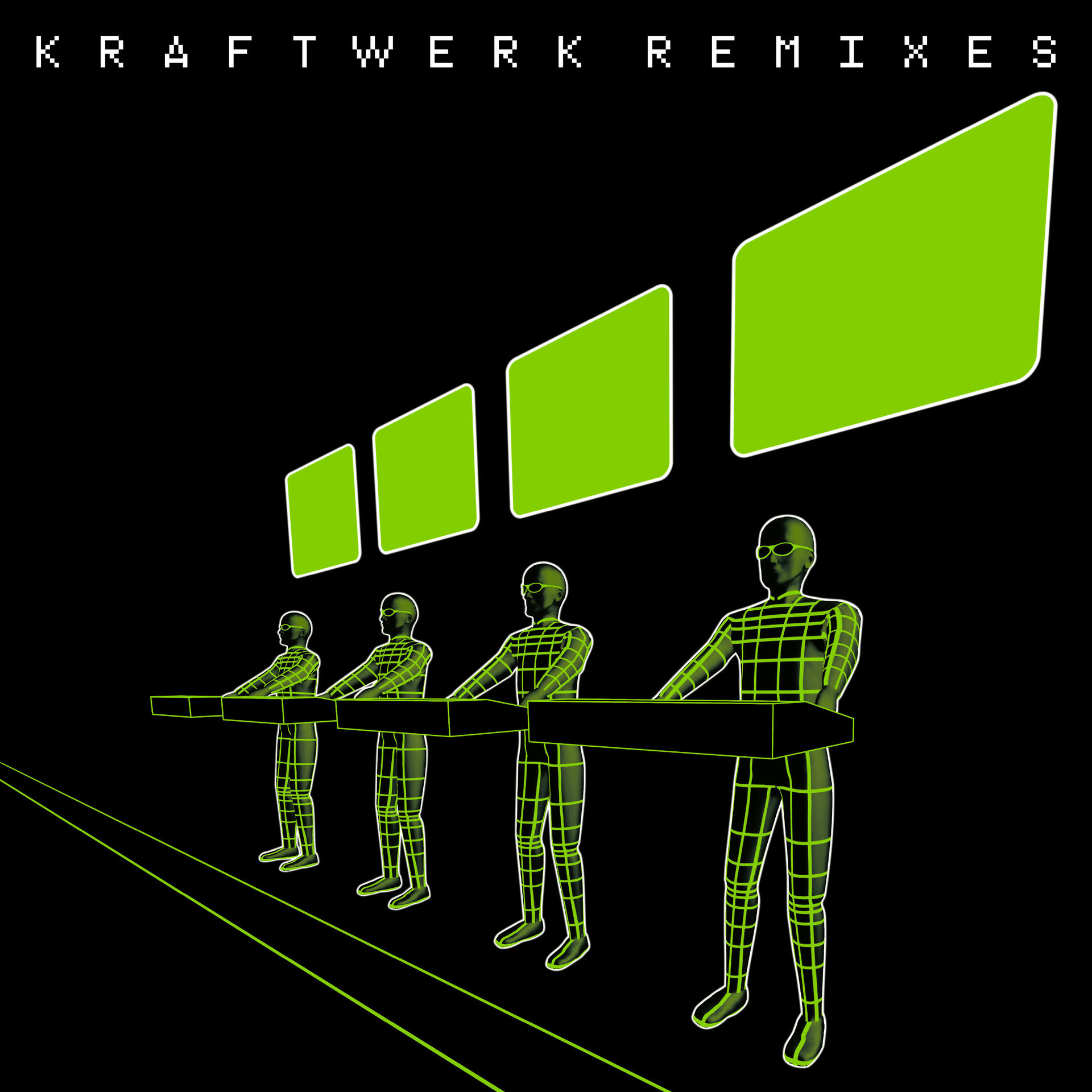 Négy drótváz figura billentyűzettel zöld geometriai formák alatt, fekete háttér, "KRAFTWERK REMIXES" szöveg.