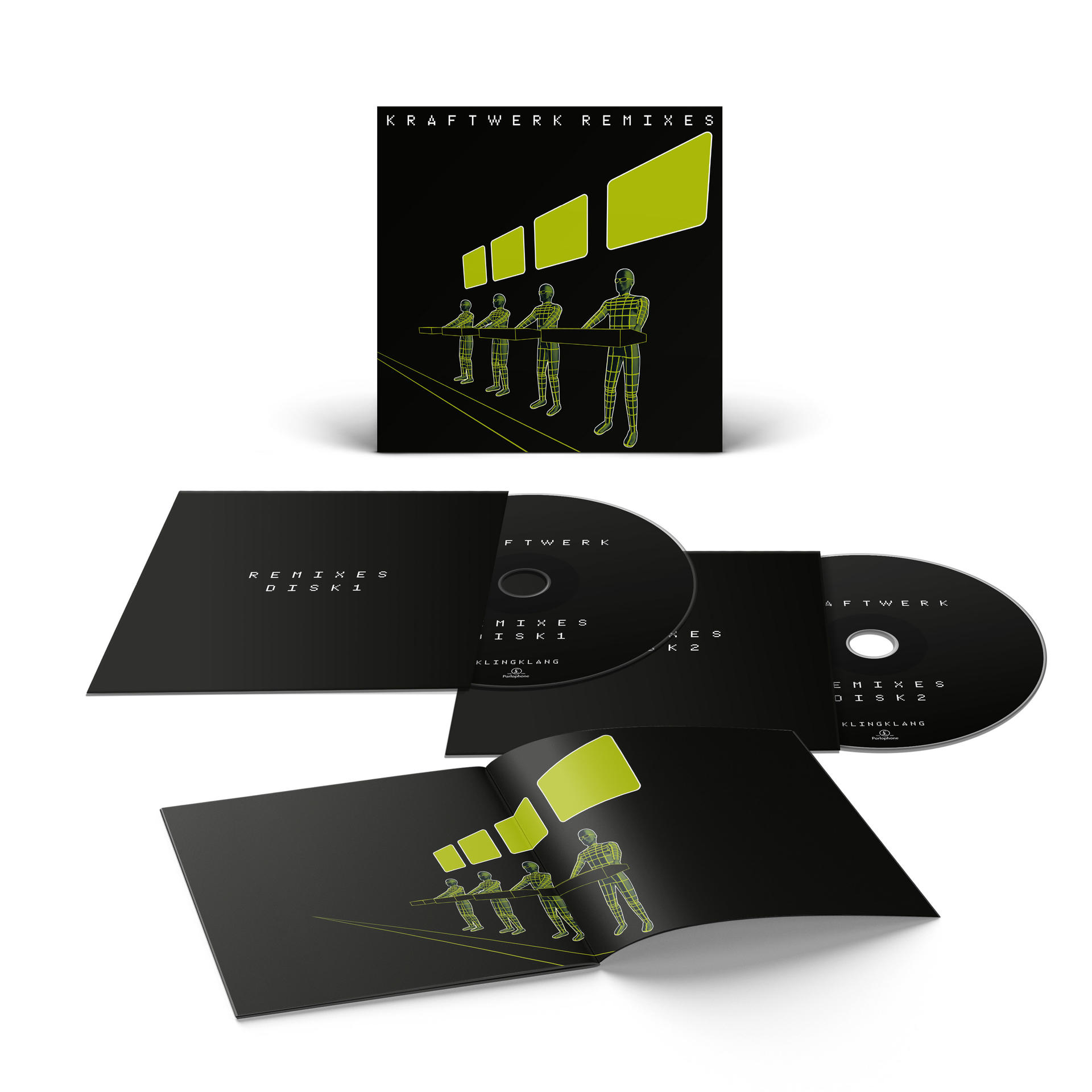 A Kraftwerk Remixes album borítója. Robotfigurák, neon zöld részletek és CD tokok láthatók.