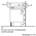 Schéma montrant les exigences de ventilation pour un meuble de cuisine. Les flèches indiquent le flux d'air.