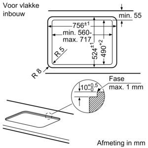 Top-down view of a stovetop cutout with dimensions and a detailed section of the cutout's edge.