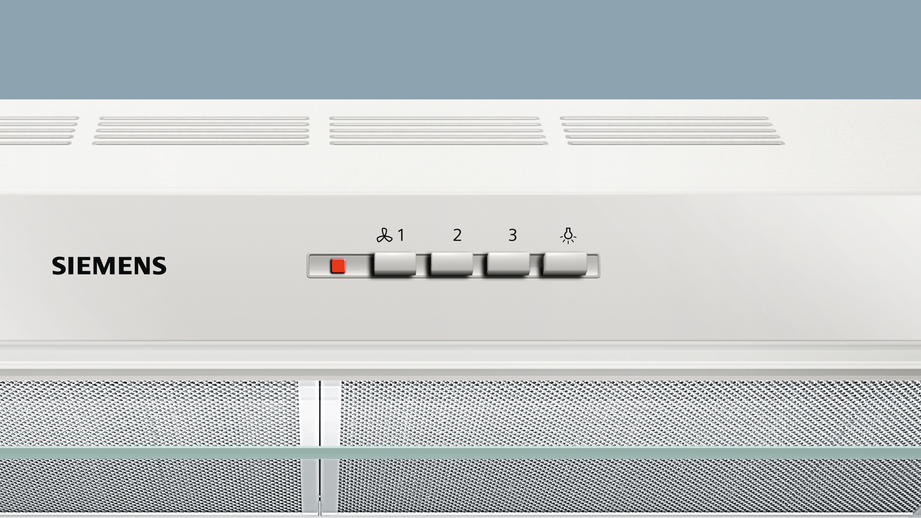 Siemens range hood control panel. White, with buttons for fan and light. Blue background.