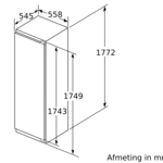 Diagram van een hoog apparaat met afmetingen, hoogte en breedte in mm.