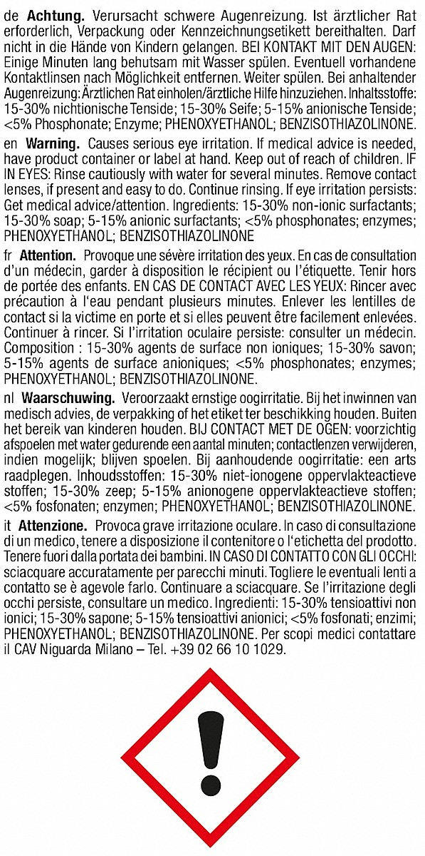 A warning label with an exclamation mark inside a triangle, with text in multiple languages.