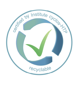 A circular logo with arrows and text. It says 'certified by Institute cyclos-HTP' and 'recyclable'.