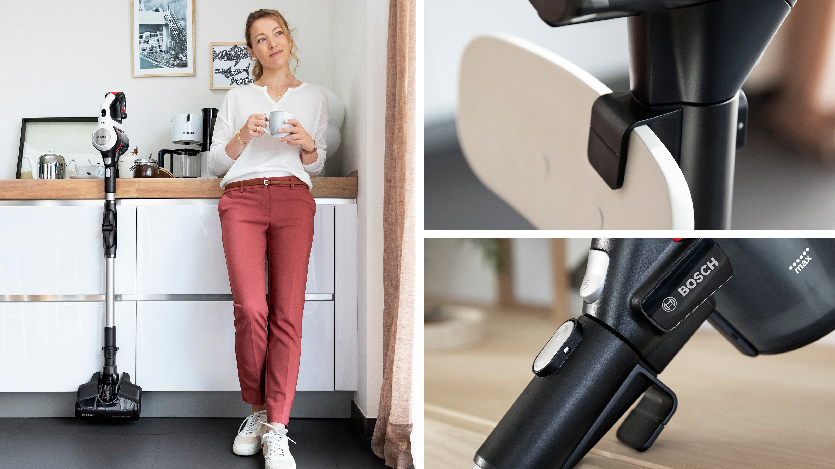 Eine Frau in der Küche mit einem Staubsauger. Es gibt auch Nahaufnahmen von Teilen des Staubsaugers.