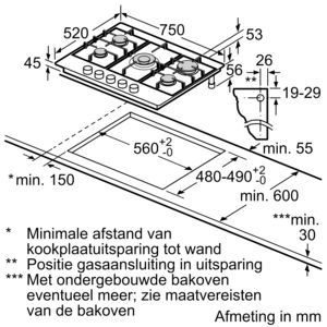 Een ingebouwde kookplaat met afmetingen en installatiegegevens op een keukenblad.