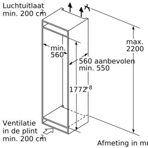 Un schéma d'une armoire, avec des mesures et des appels en néerlandais. C'est un dessin technique.