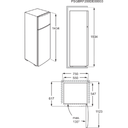 Technische tekening van een koelkast met afmetingen en hoeken in millimeters.