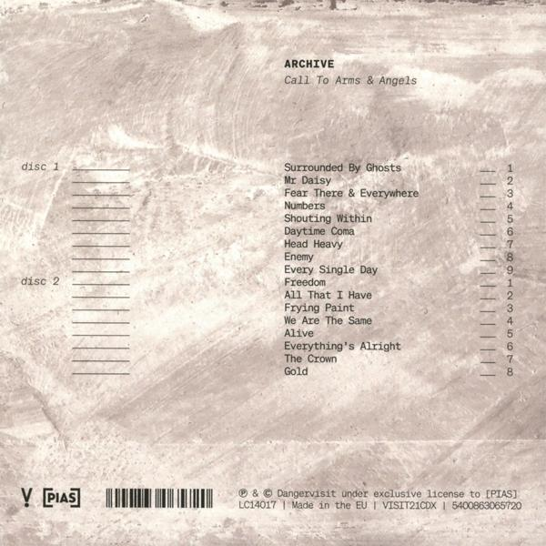 Albumcover mit Text, der Songtitel auflistet. Archivtitel, Disc 1 und 2, Songtitel und Nummern sind sichtbar. Beigefarbener Hintergrund.
