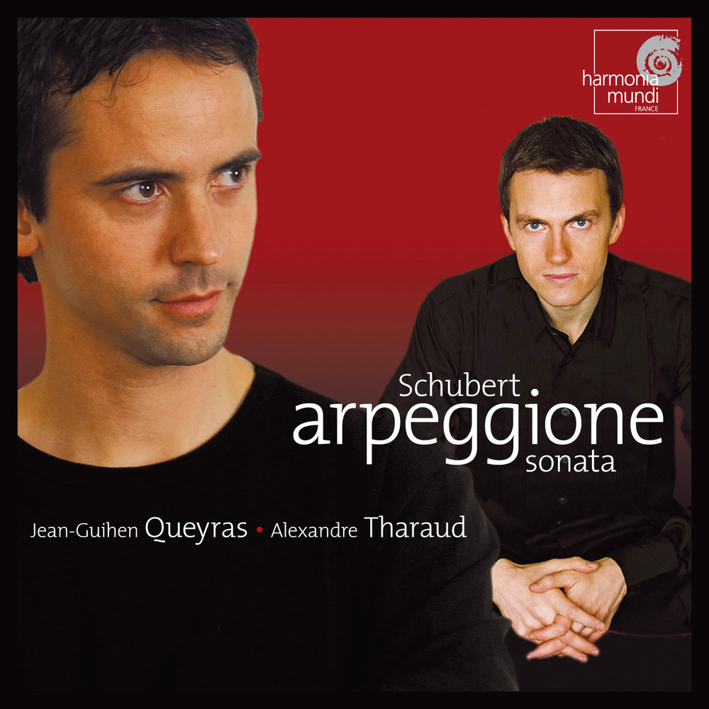Album borító: Két férfi portréja, piros háttér. Schubert 'Arpeggione Sonata' címe. Harmonia Mundi kiadó.