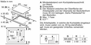 Diagramm mit Maßen für die Küchengeräteinstallation.