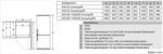 Diagramm eines Kühlschranks mit Abmessungen und Spezifikationen in einer Tabelle.