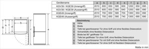 Diagramm mit Abmessungen und Seitenansicht eines Kühlschranks.