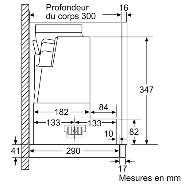 Dessin technique d'un appareil encastré, montrant les dimensions et les composants internes.