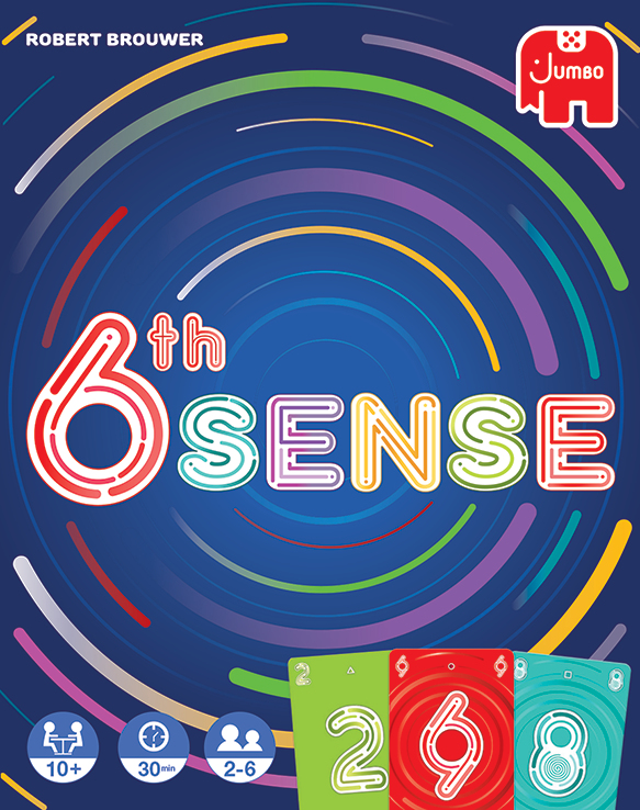 Das Brettspiel 6th Sense. Die Box hat einen blauen Hintergrund und bunte Linien.