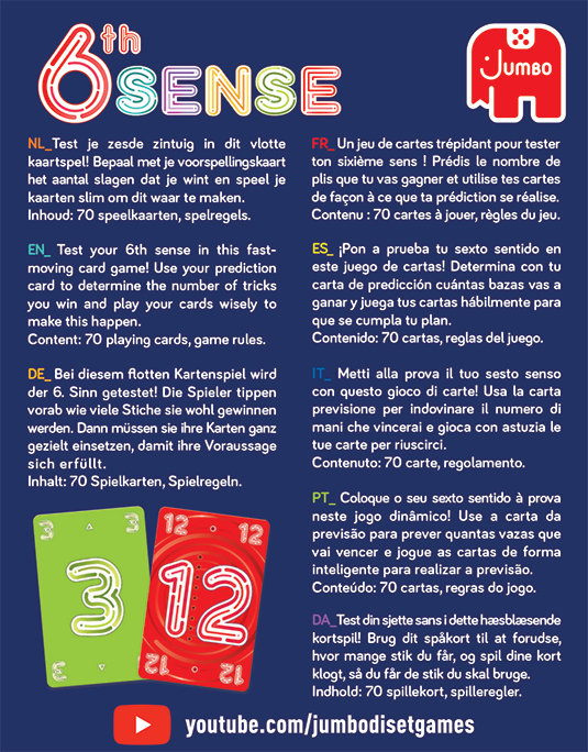 Kartenspielbox mit zwei sichtbaren Karten, Text in mehreren Sprachen und Spielanweisungen.