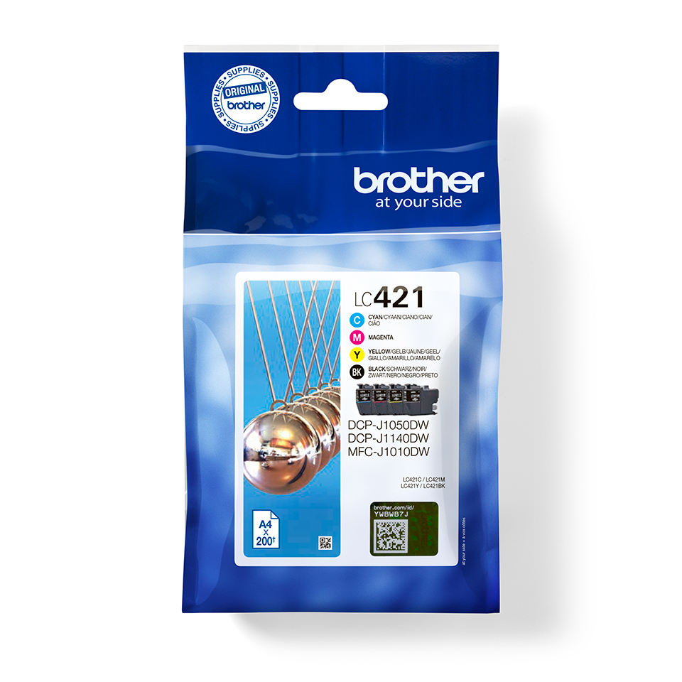 Tintenstrahlpatronenpackung mit Text und Farbmustern sowie einem Brother-Logo.