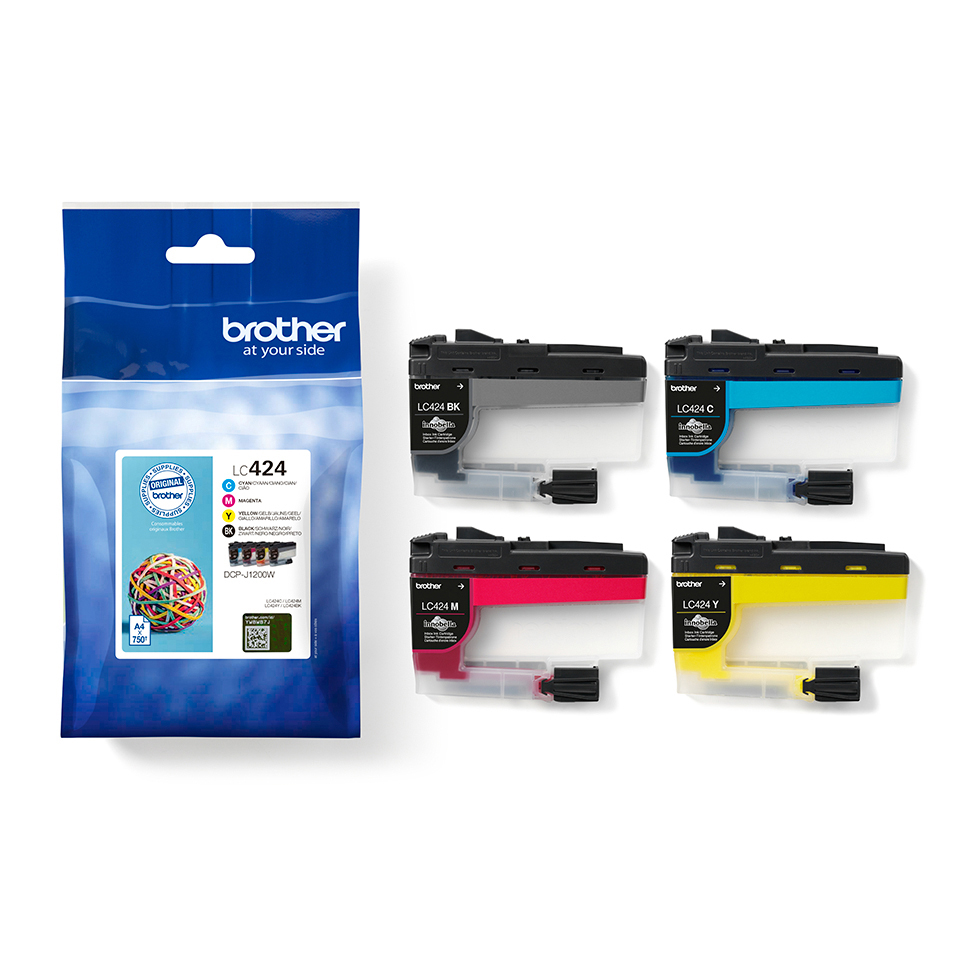 Verpackung: Vier Tintenpatronen in einer Plastiktüte. Text: LC424, Brother at your side. Farben sind Schwarz, Cyan usw.