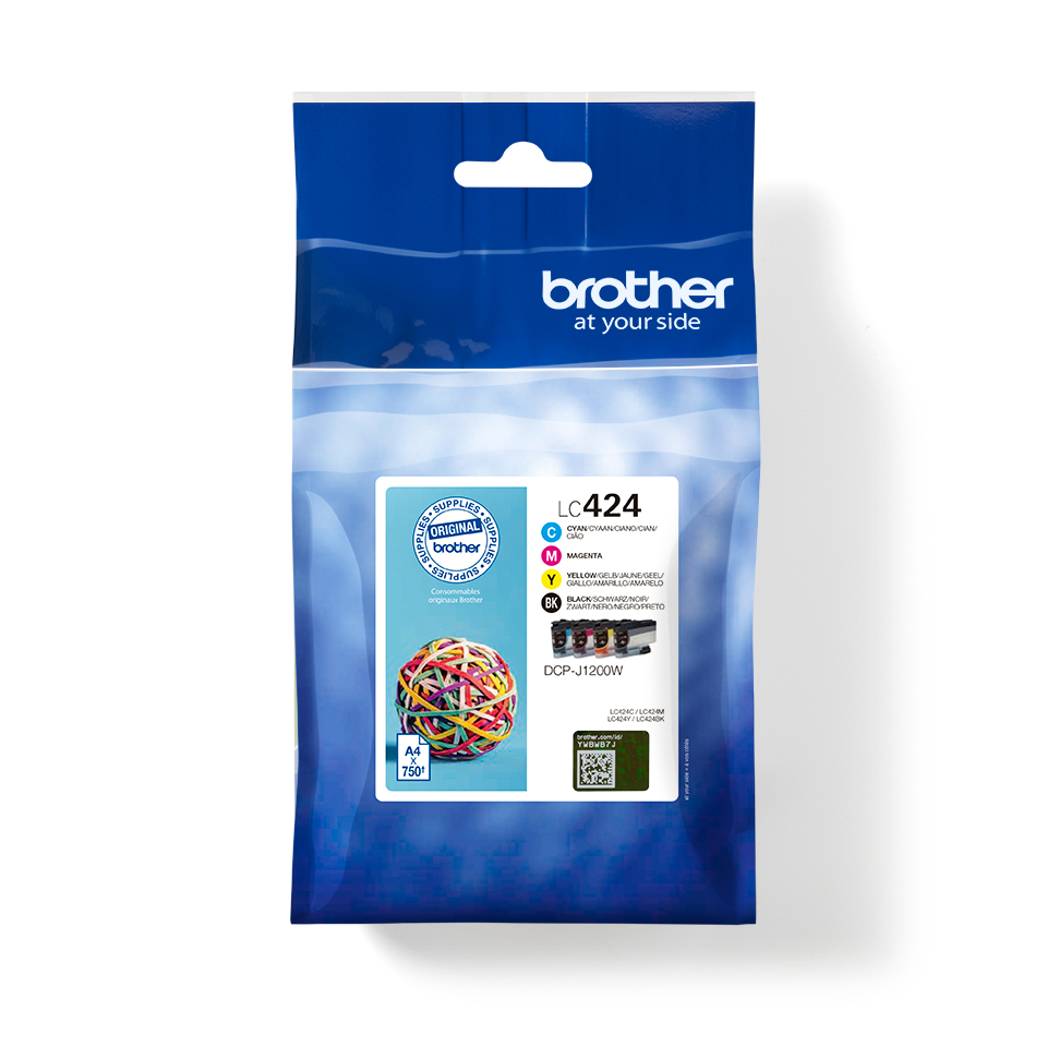 Brother Tintenpatronenpackung mit bunten Gummibändern und Produktinformationen.