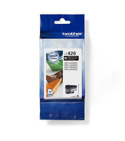 Brother Tintenpatrone in transparenter Verpackung. Etikett: LC426 BK, schwarze Tinte. A4 Papierbild.