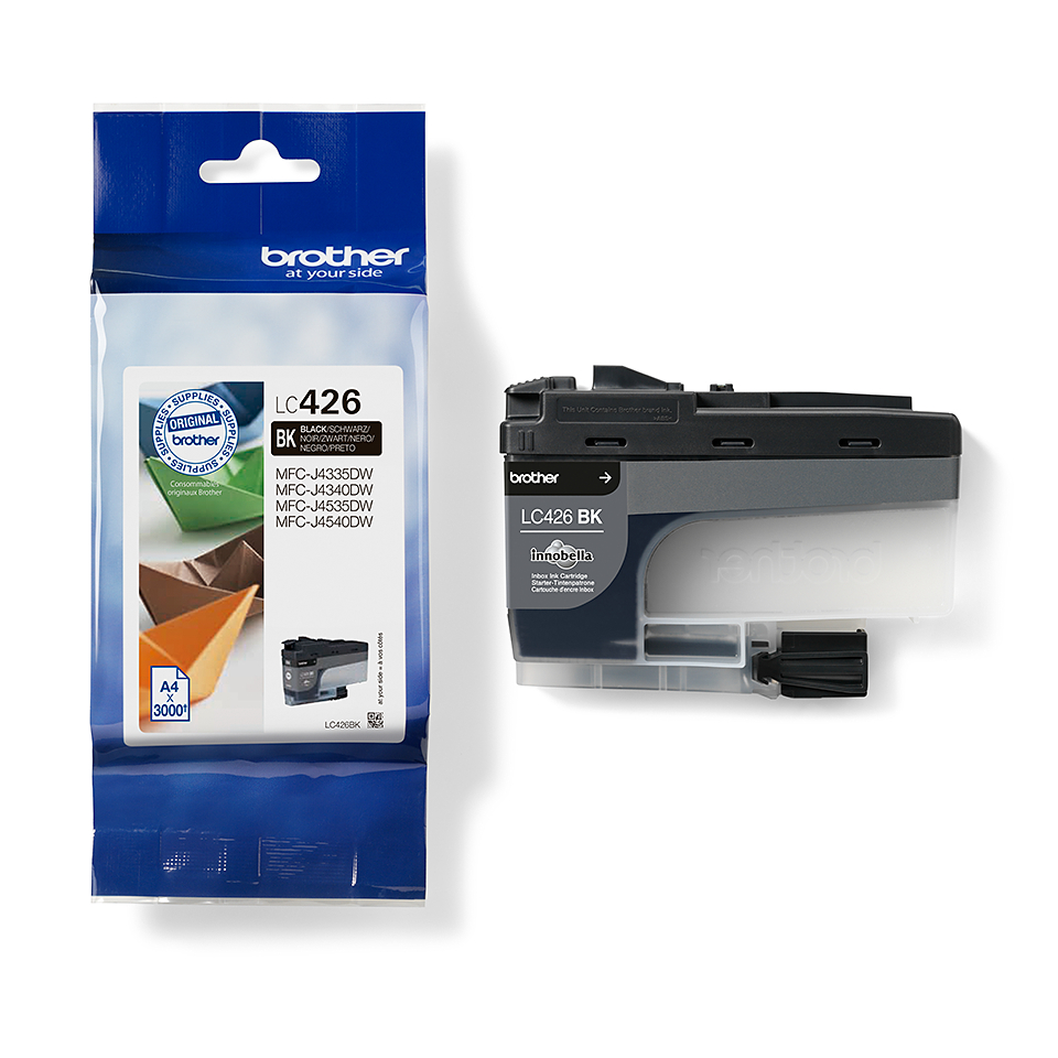 Tintenpatronenverpackung. Die Patrone ist schwarz und trägt die Aufschrift 'LC426 BK'.