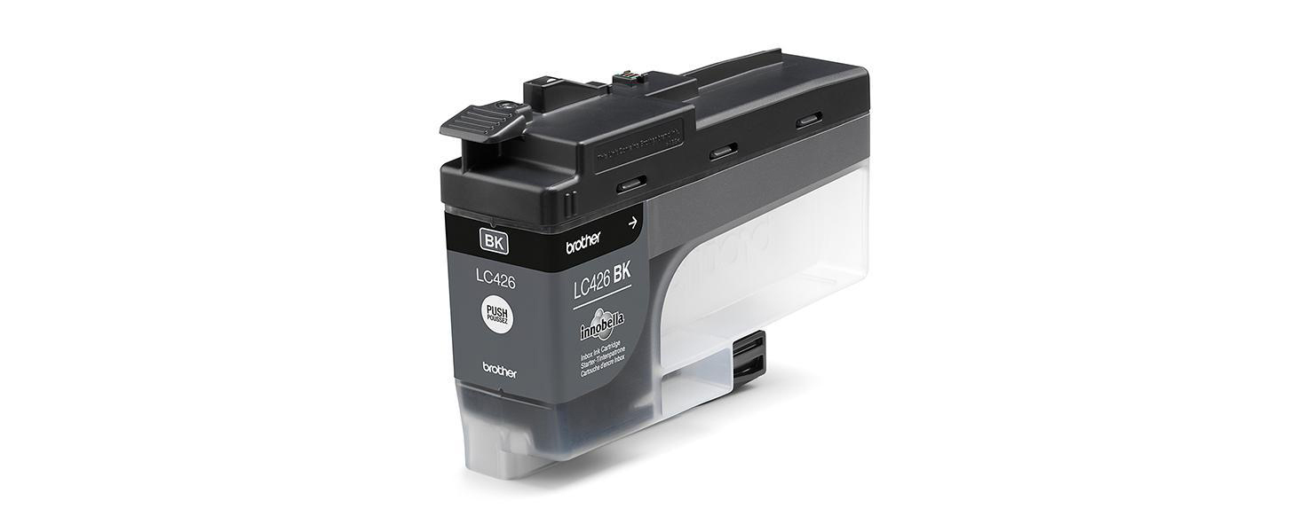 Schwarze und graue Brother LC426 BK Tintenpatrone. Sie hat ein transparentes Fenster und einen schwarzen Deckel.
