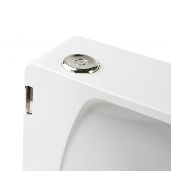 A white item with a silver button. It has a sleek, modern design and is on a white background.