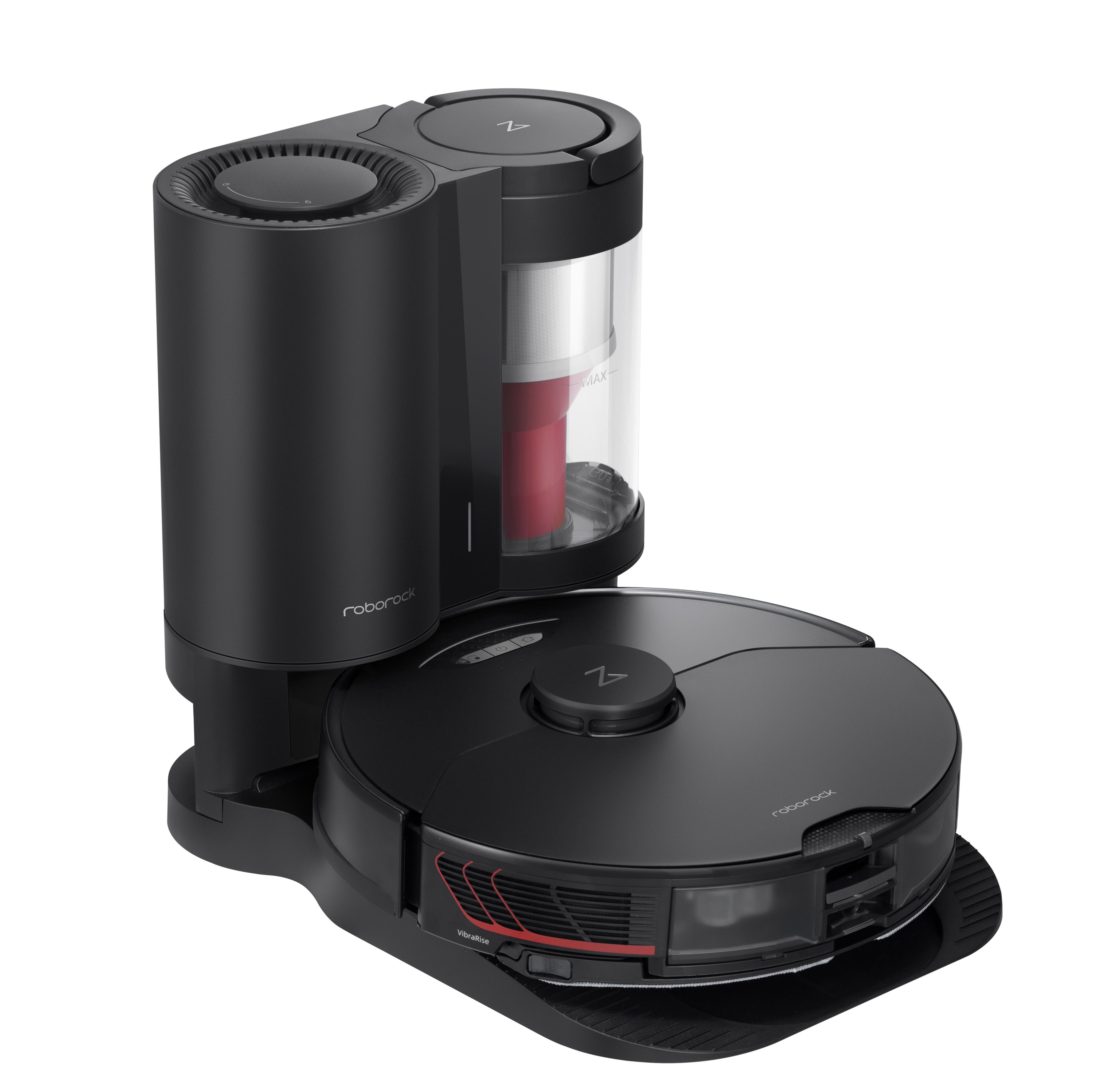 Schwarzer Roboter-Staubsauger mit Ladestation.  Er hat Sensoren und einen Staubbehälter.