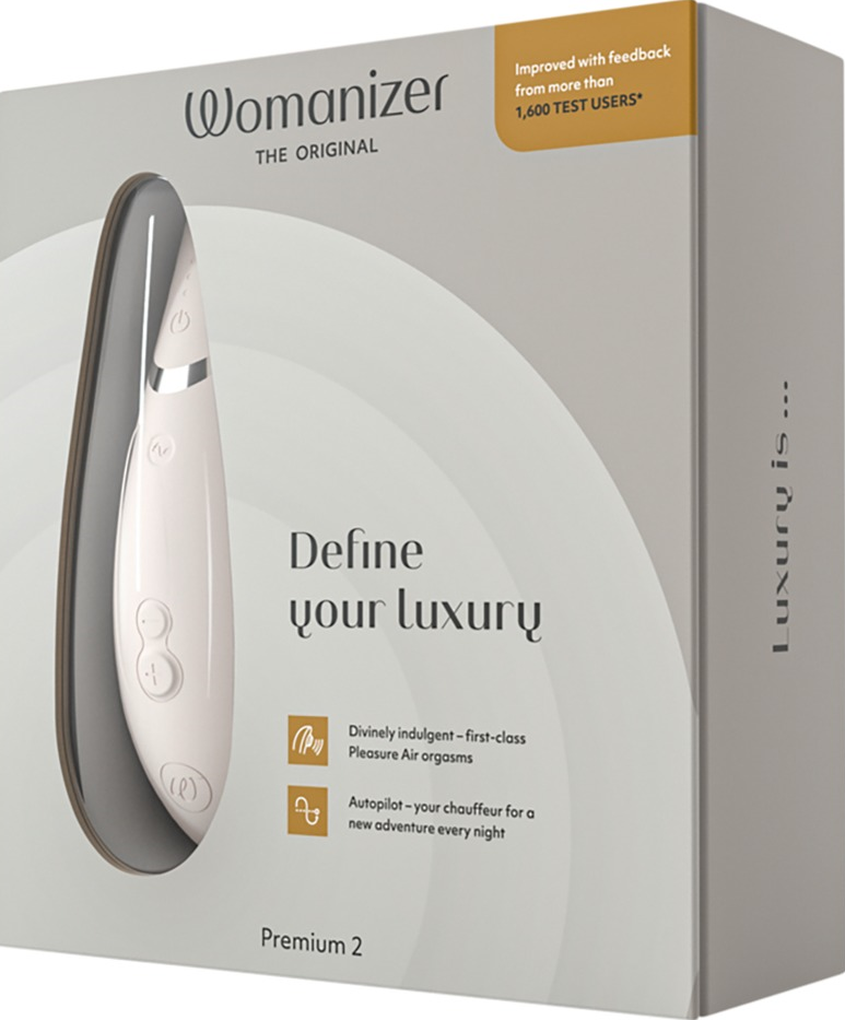 Boîte Womanizer avec image du produit et texte. Fond gris.