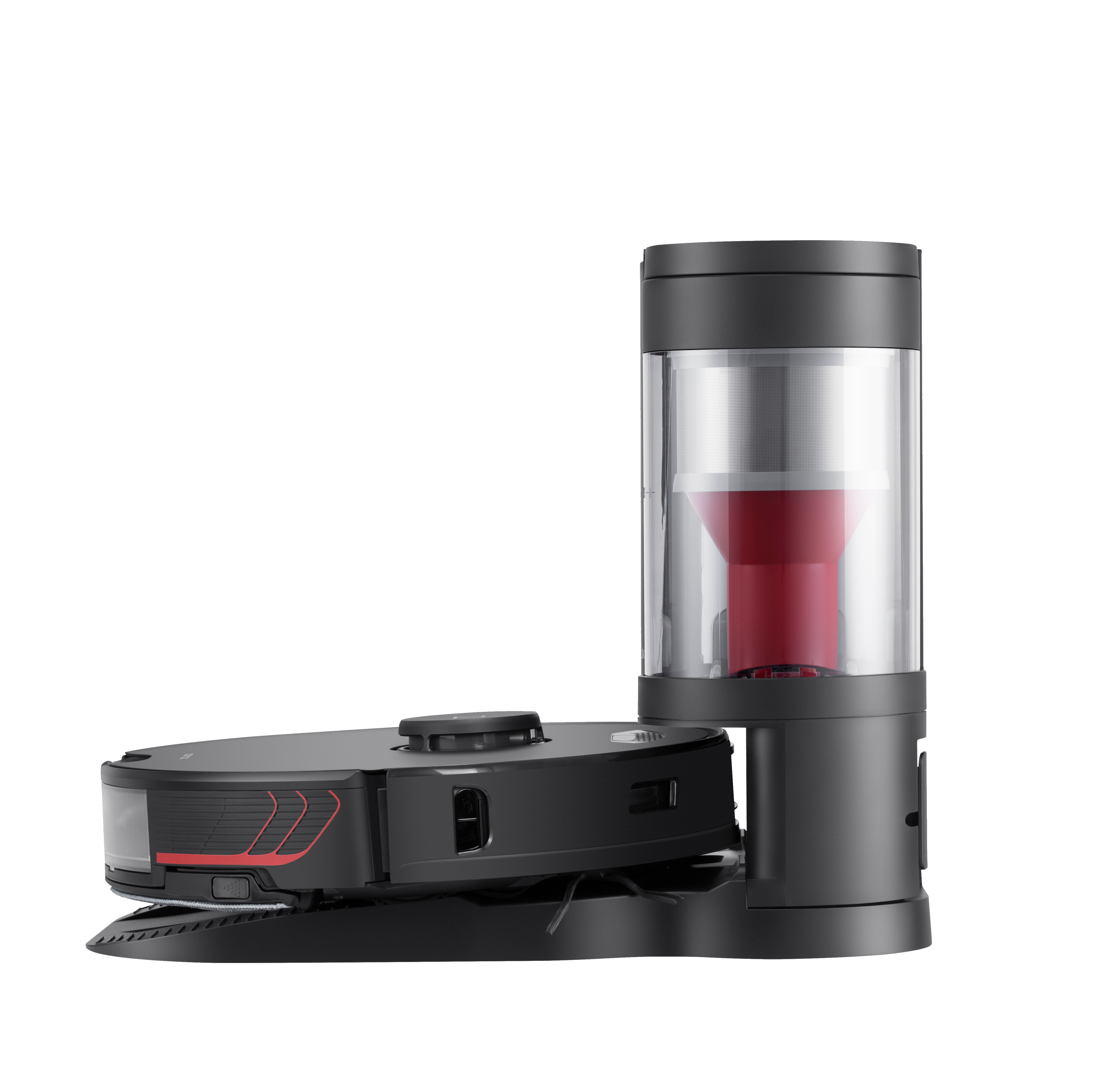 Schwarzer und roter Roboter-Staubsauger und Ladestation. Der Roboter hat ein kreisförmiges Design.