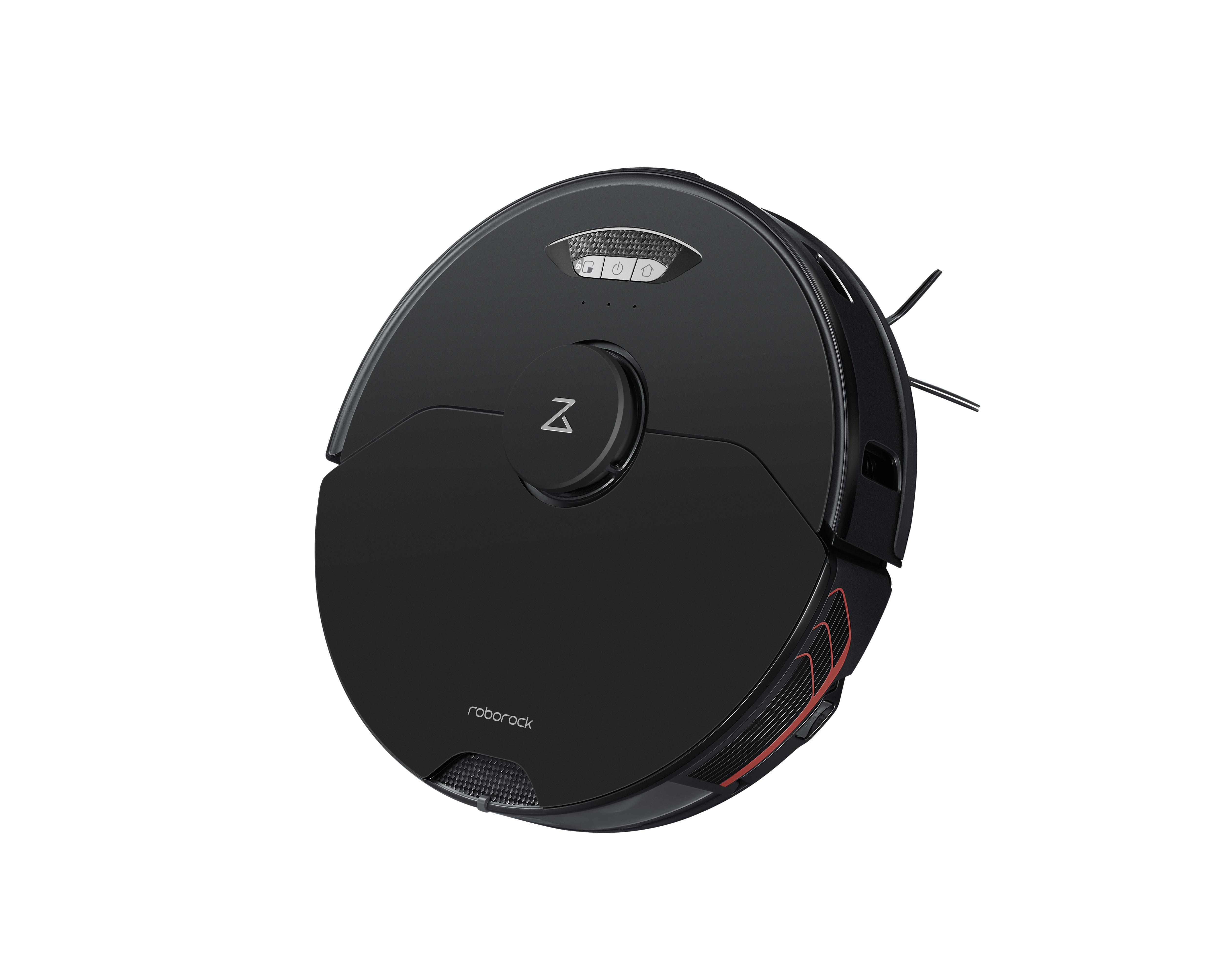 Ein schwarzer Roboter-Staubsauger auf weißem Hintergrund.
