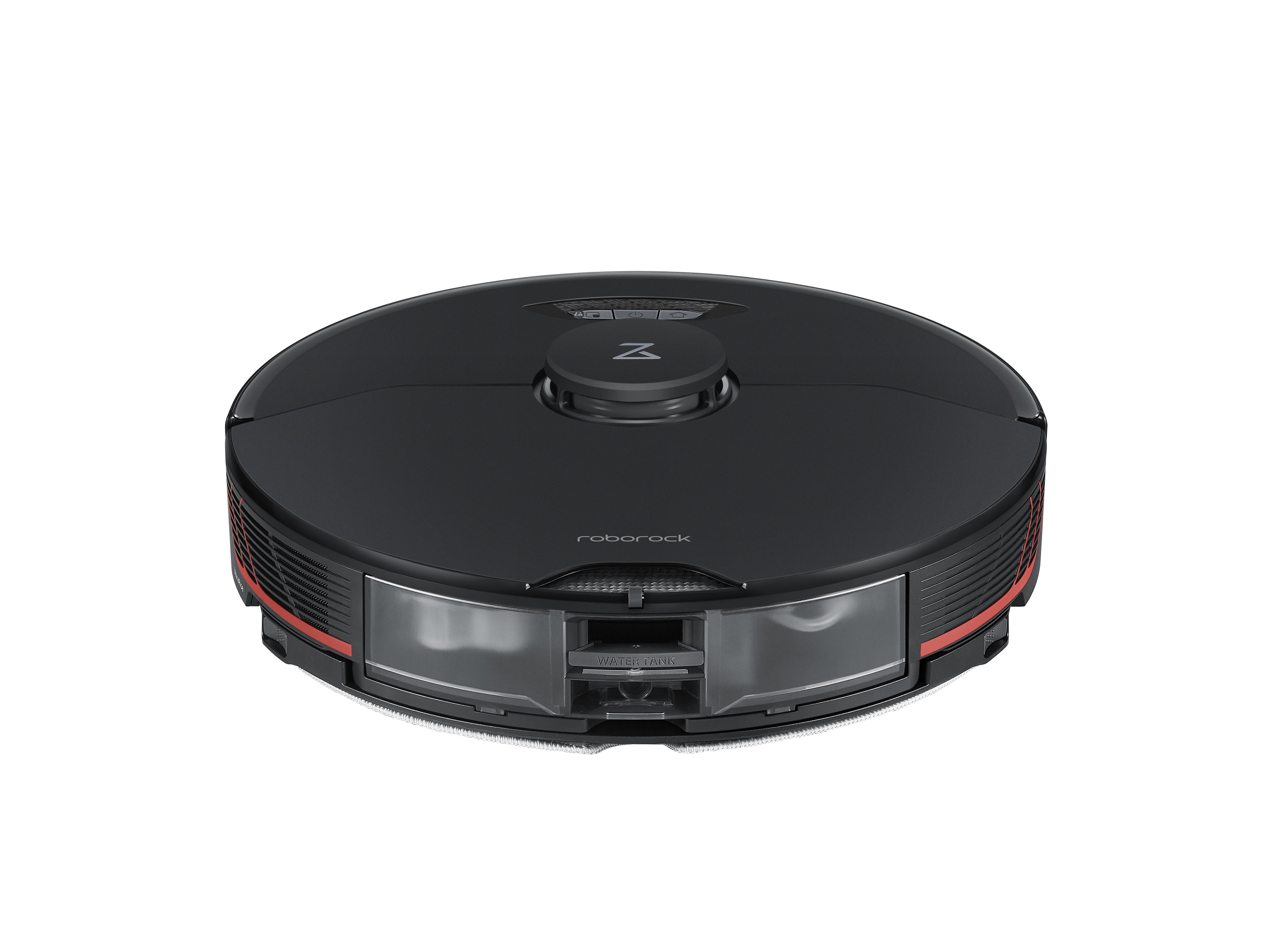 Ein schwarzer Roboter-Staubsauger, von oben gesehen, mit roter Zierleiste.