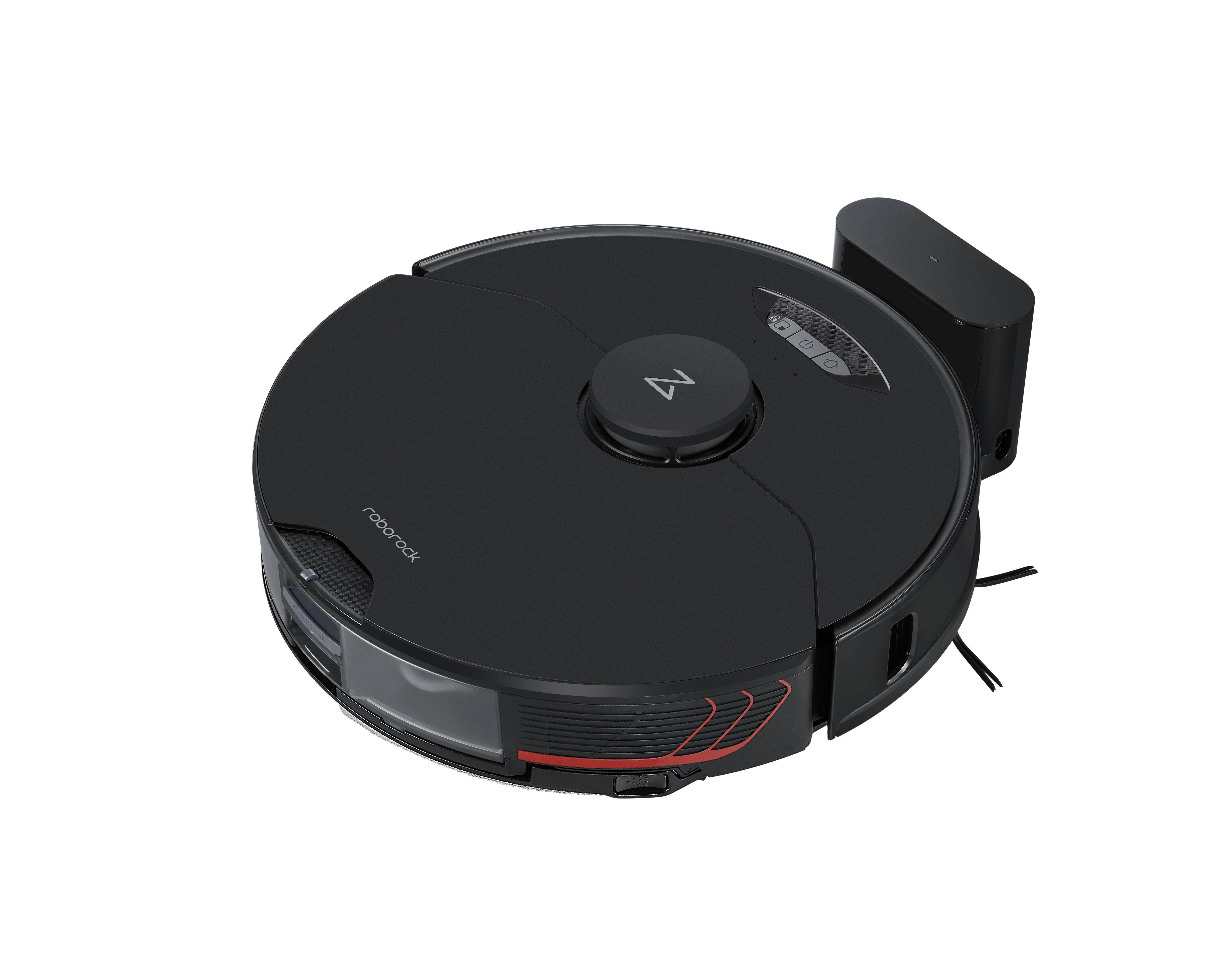 Schwarzer Roborock-Roboter-Staubsauger mit Ladestation auf weißem Hintergrund.